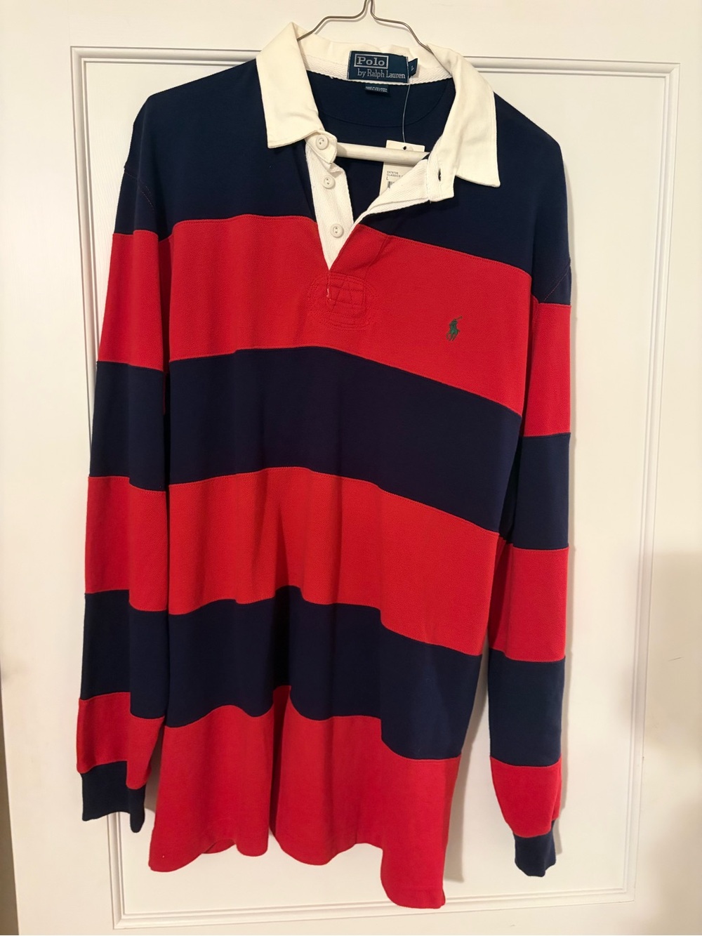 Polo by Ralph Lauren Red & Navy Long-Sleeve Rugby Shirt with White Collar